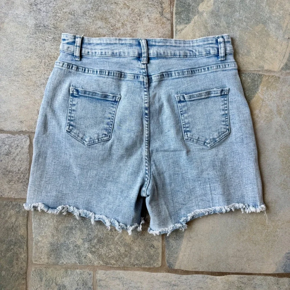 Jasambac Denim Shorts High‎ Waist Frayed Hem Light Wash Blue Mom Stretch Jean M